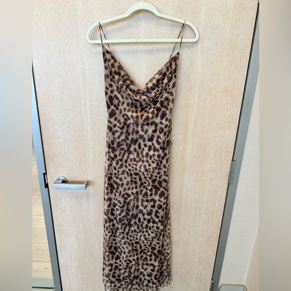 Zara leopard print tulle long dress with draped neckline and spaghetti straps